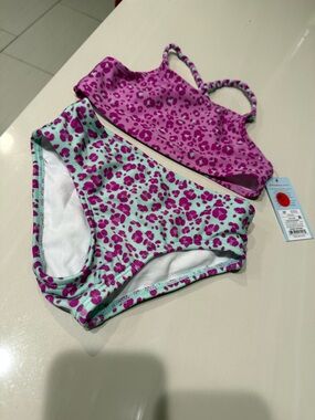 Cat & Jack 3T Purple blue cheetah Print Girls upf50 2 pc swim nwt braided straps
